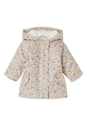 Kapuzensweatjacke für Kleinkinder mit Blumenmuster, Knopfverschluss, Seitentaschen und weichem weißem Fleecefutter in der Kapuze.