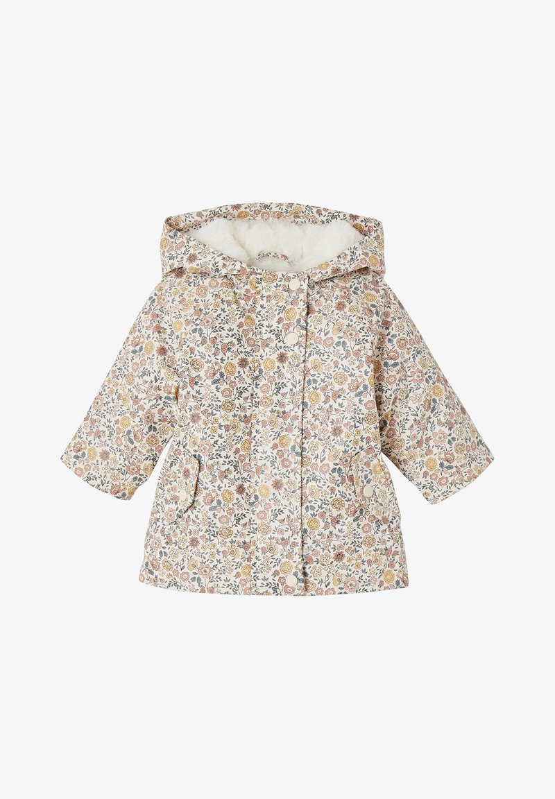 Veste à capuche imprimée à fleurs pour tout-petit, avec fermeture à boutons, poches latérales et doublure douce en polaire blanche à l'intérieur de la capuche.