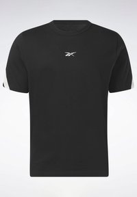 Schwarzes Baumwoll-T-Shirt mit Rundhalsausschnitt, kurzen Ärmeln, weißem Logo auf der Brust und kontrastierenden grauen Akzenten an den Ärmeln.