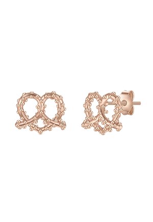 Ohrringe aus Roségold mit ineinandergreifenden Schlaufen und erhöhten sphärischen Akzenten, die ein strukturiertes, kompliziertes Design zeigen.