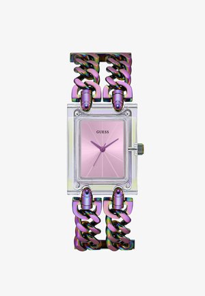 Montre carrée transparente avec un cadran rose, une quincaillerie en acier inoxydable et un bracelet à maillons épais multicolore. Présente le nom de la marque "GUESS."