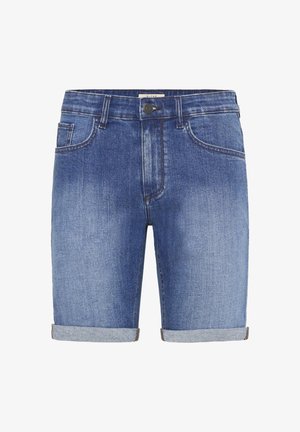 Denim shorts in a medium blue wash with a slight fade. Features a classic five-pocket design and rolled hems. Metal button closure.