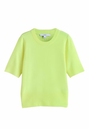 Short-sleeve sweater in bright neon yellow. Soft fabric, ribbed neckline and cuffs, minimalist design, no patterns, straight hem.