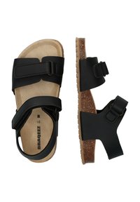 Černé sandály se dvěma nastavitelnými popruhy, korkovou stélkou a texturovanou gumovou podrážkou. Mají plochý design vhodný pro volný čas.