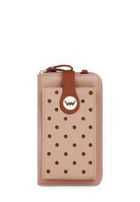 Pink leather wallet featuring a smooth texture, perforated design on the front, brown strap with a circular gold accent, and zip closure.