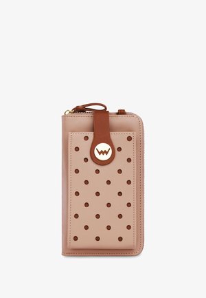 Pink leather wallet featuring a smooth texture, perforated design on the front, brown strap with a circular gold accent, and zip closure.