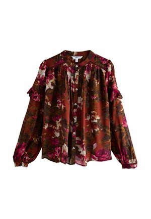 Langärmlige Bluse mit floralem Muster in den Farben Burgunderrot, Pink und Braun. Leichter Stoff mit Rüschendetails und Knopfverschluss.