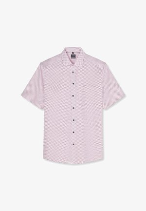 Camicia rosa chiaro a maniche corte con bottoni, pois neri e taschino sul petto, stesa su uno sfondo bianco.