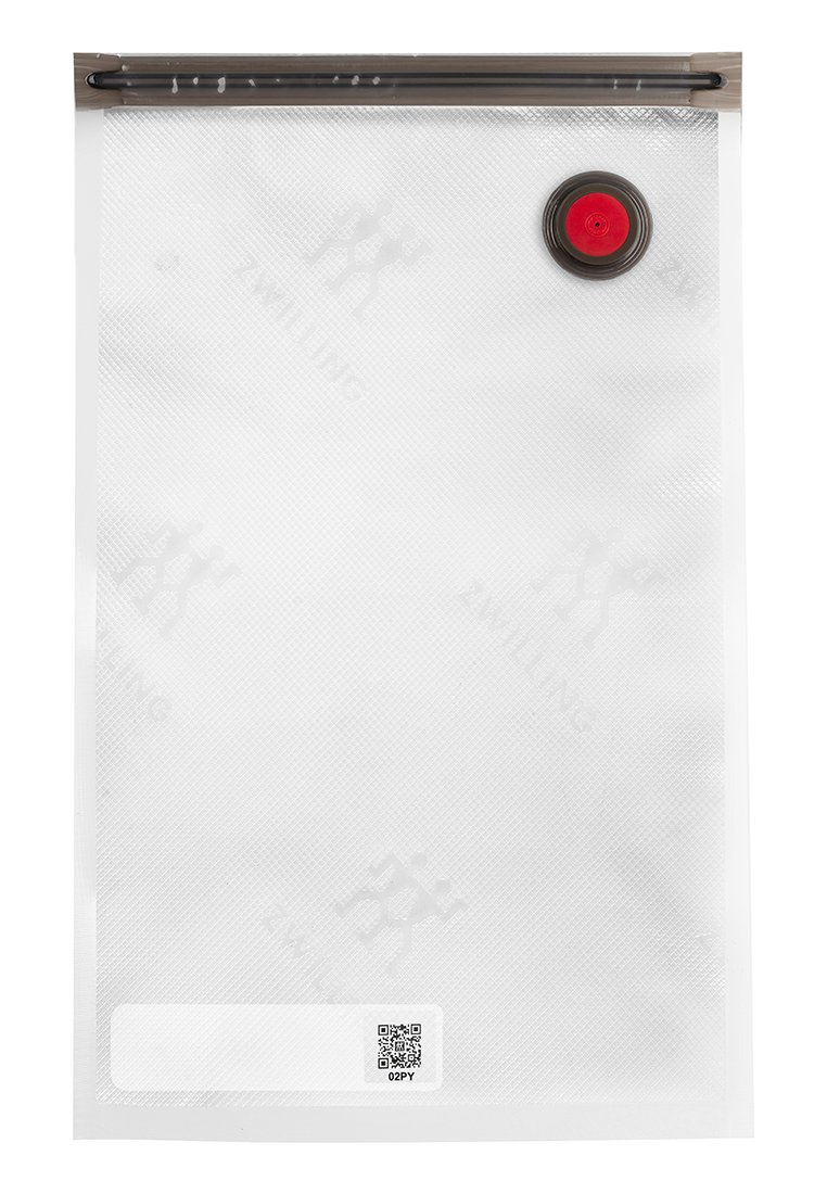 Klarer Kunststofflagerbeutel mit strukturierter Oberfläche, einem braunen Dichtstreifen oben und einem runden roten Knopf. QR-Code und Etikett am Boden.