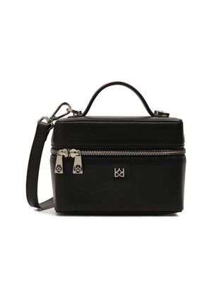 Black leather cosmetic bag with a structured design, top handle, detachable shoulder strap, silver zippers, and logo accents.