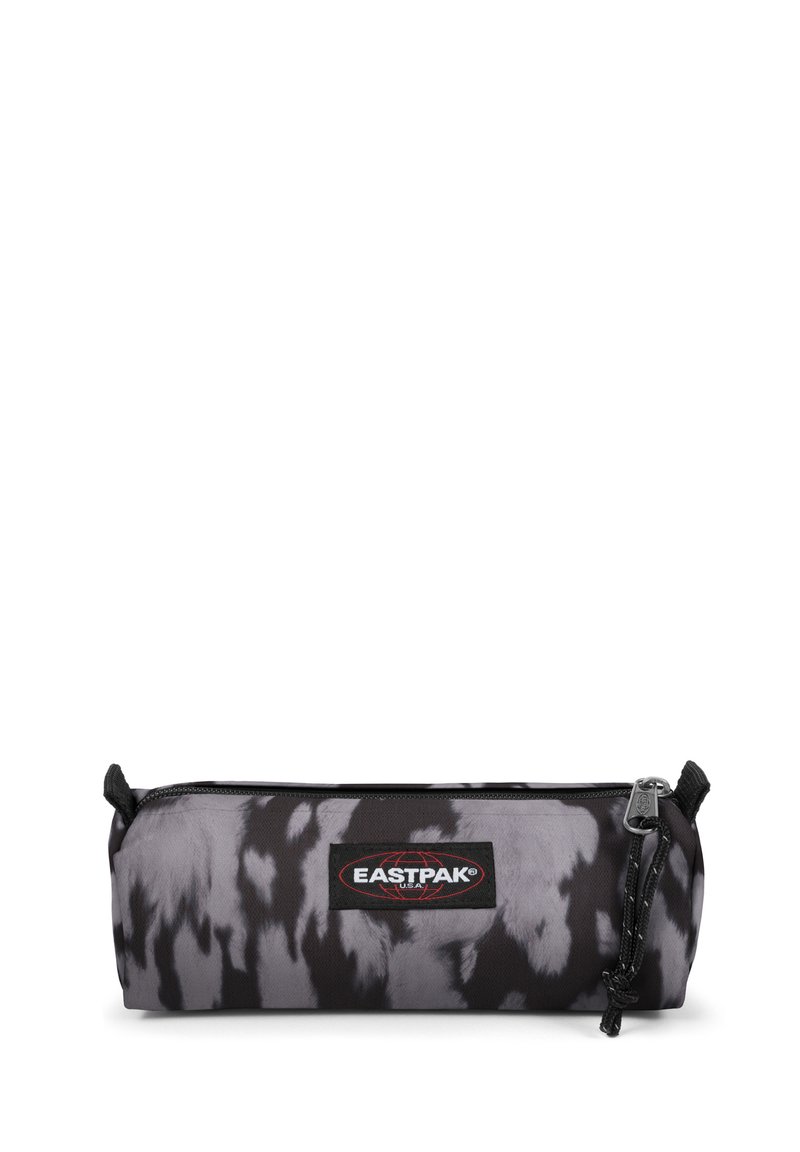 Eastpak pencil case in a black and grey tie-dye pattern, made from durable fabric, featuring a zipper and a branded logo patch.