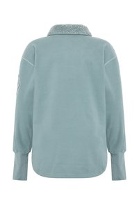 Hellblaues Fleecepullover mit weichem, strukturiertem Kragen. Verfügt über lange Ärmel und einen abgerundeten Saum. Keine sichtbaren Verschlüsse oder Muster.