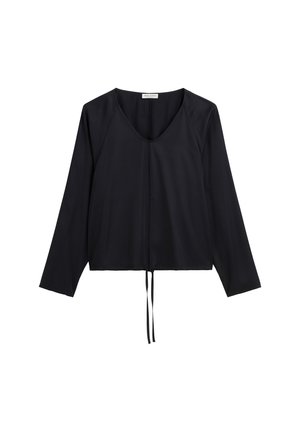 Czarny długi rękaw top z dekoltem w kształcie litery V, z wiązaniem na dole i gładką, lekką tkaniną. Prosty design z minimalnymi akcentami.