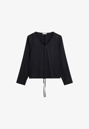 Black long-sleeve top with a V-neck, featuring a tied closure at the hem and a smooth, lightweight fabric. Simple design with minimal accents.