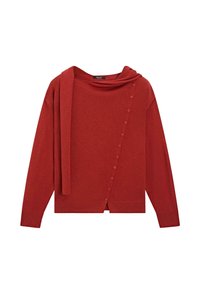 Rust-red long-sleeve sweater with diagonal button closure and attached scarf detail on left shoulder, ribbed cuffs, and hem.