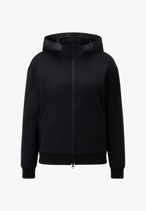 Black zip-up hoodie with a high collar, kangaroo pockets, ribbed cuffs, and "ICE+FIRE" logo on the hood's interior. Smooth fabric texture.