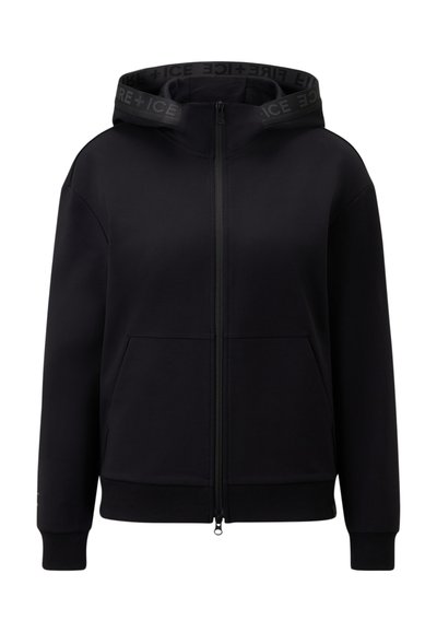 Schwarze zip-up Kapuzenjacke mit hohem Kragen, Kängurutaschen, Rippbündchen und "ICE+FIRE"-Logo auf der Innenseite der Kapuze. Glatte Stoffstruktur.