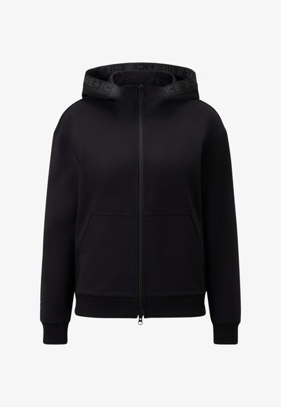 Schwarze zip-up Kapuzenjacke mit hohem Kragen, Kängurutaschen, Rippbündchen und "ICE+FIRE"-Logo auf der Innenseite der Kapuze. Glatte Stoffstruktur.