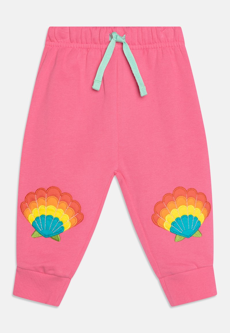 Rosa Sweatpants mit elastischem Bund und türkisfarbenem Kordelzug. Verfügt über bunte gestickte Muschel-Designs an jedem Knie.