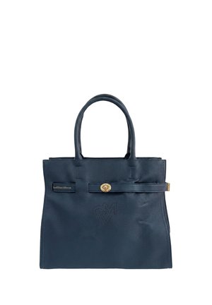 Dunkelblaue Lederhandtasche mit doppelten Griffen, goldfarbenem Drehverschluss und kleinem Markenlabel auf der Vorderseite.