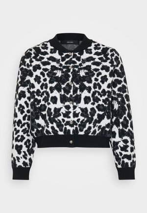 Black and white cropped cardigan featuring a leopard print design, rounded neckline, button closure with metallic accents, and ribbed cuffs.
