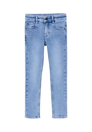 Hellblaue Jeans aus Denim mit Knopfverschluss, vorderen Taschen und Münztasche sowie geraden Beinen, dargestellt vor weißem Hintergrund.