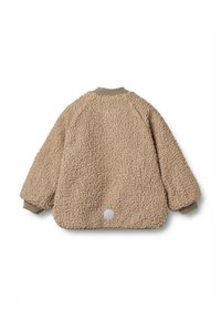 Beige strukturierte Fleecejacke mit rundem Kragen, gerippten Bündchen und einem runden Logo-Detail in der Mitte unten. Weiches, plüschiges Material.
