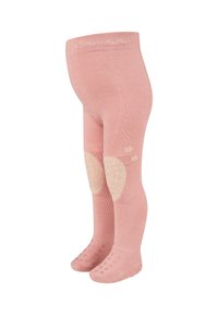 Rosa gestrickte Strumpfhosen mit hellbeigen Kniepatches, strukturierten Grip-Punkten auf der Sohle und einem weichen Bund mit Markenlogo.