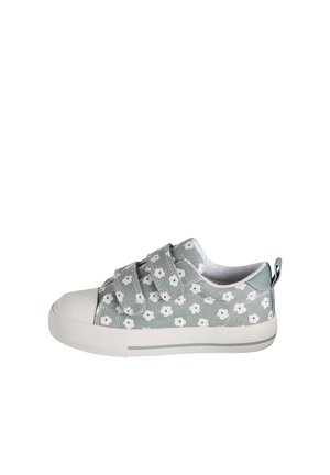 Green children's sneaker with white floral pattern, three velcro straps, white rubber toe cap, and pull tab at the heel.