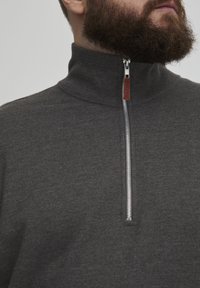 Grauer Zip-Hals-Pullover mit hohem Kragen, aus weichem Material gefertigt. Verfügt über einen Metallreißverschluss mit einem Lederzipper. Glatte Textur.