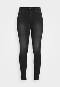 Los jeans skinny negros en tela de mezclilla cuentan con una cintura alta, un diseño de cinco bolsillos y un sutil desgastado. La textura es suave y ligeramente elástica.