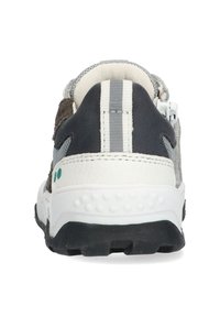 Gray and white sneaker with a textured upper, reinforced heel, and rubber outsole. Features a pull tab and decorative accents.