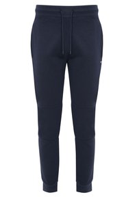 Pantalon jogger bleu marine en mélange de coton doux, avec taille élastique à cordons, poches latérales et ourlets effilés.