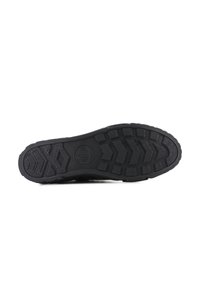 Black rubber shoe sole with a textured, zigzag pattern for grip, featuring a circular logo in the center. Flat profile with curved edges.