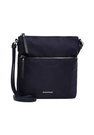 Marineblaue Umhängetasche mit Reißverschlusstasche vorne, verstellbarem Riemen und silbernem Logo "EMILY & NOAH" auf der Vorderseite.