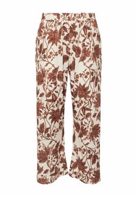 Blommönstrade byxor med en krämfärgad bakgrund och bruna bladdesigner, resårmidja och en lös, rak passform.
