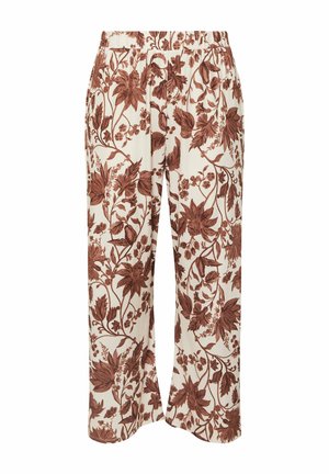 Floral patterned trousers featuring a cream background with brown leaf designs, an elastic waistband, and a loose, straight-leg fit.