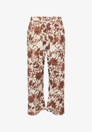 Pantalones con un patrón floral que presentan un fondo crema con diseños de hojas marrones, una cintura elástica y un corte recto y suelto.