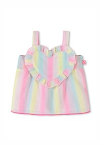 Top multicolore a righe con dettaglio di ruffle a forma di cuore, realizzato in tessuto leggero con tonalità di rosa, giallo e blu.