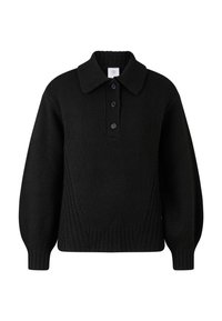 Black knitted pullover with a collar, three buttons, and ribbed cuffs. Features textured patterns and a relaxed fit.