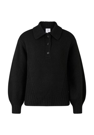 Czarny sweter z dzianiny z kołnierzykiem, trzema guzikami i ściągaczami na mankietach. Posiada wzory o fakturze i luźny krój.