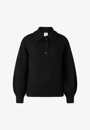 Černý pletený pulovr s límcem, třemi knoflíky a žebrovanými manžetami. Obsahuje strukturované vzory a volný střih.