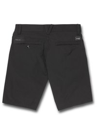 Black shorts made from lightweight fabric, featuring two back pockets, a button closure, and a subtle logo on the right side.