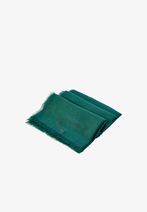 Sciarpa verde petrolio in tessuto leggero, che cade con eleganza. Presenta una texture morbida e bordi sfrangiati, indossata sopra una maglia bianca e pantaloni neri.