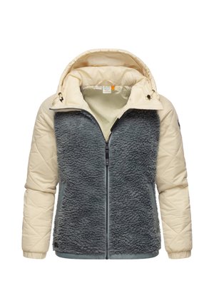 Veste matelassée grise et crème avec devant en fausse fourrure, fermeture éclair, capuche ajustable et manches texturées. Matière douce sans motifs visibles.