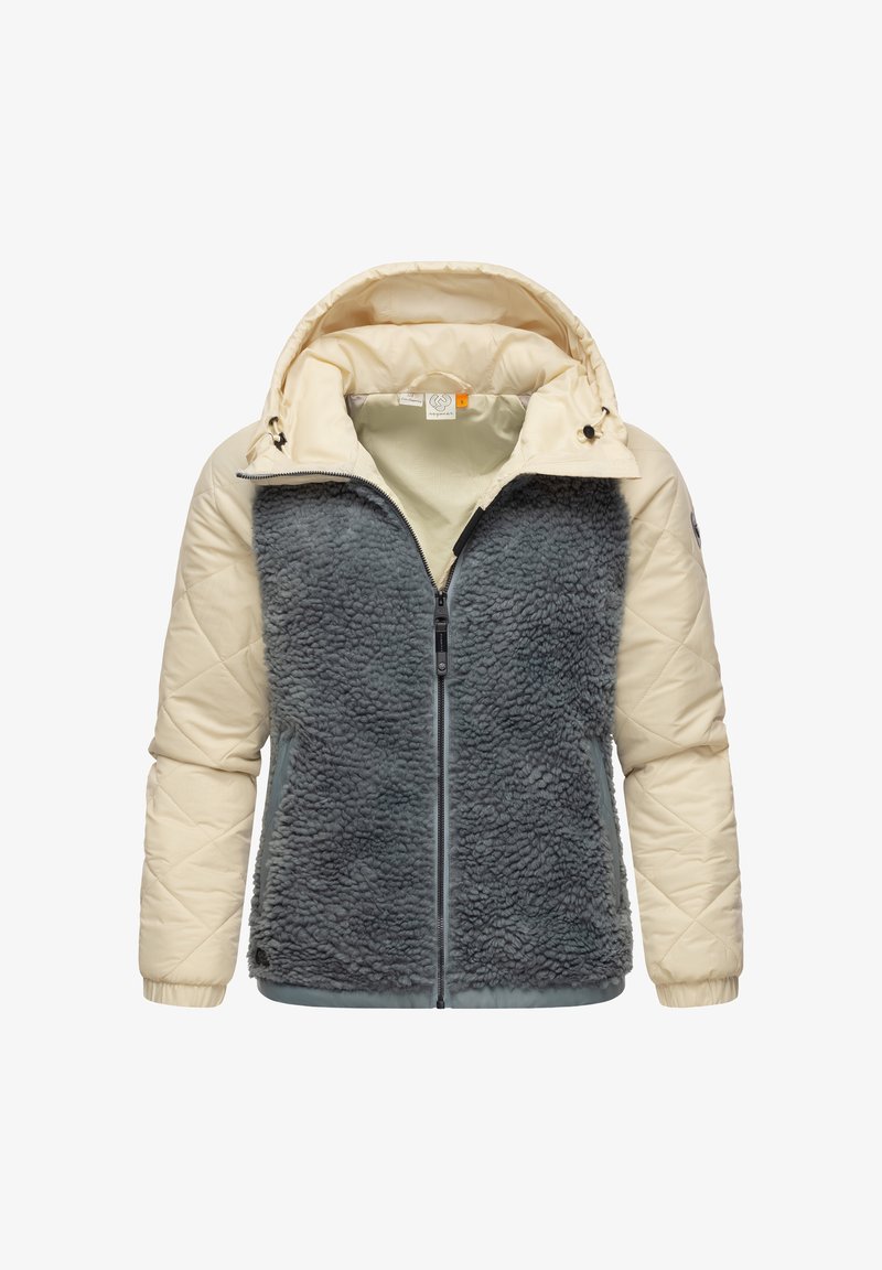 Gequilted grijze en crèmekleurige jas met een nep-bont voorkant, ritssluiting, verstelbare capuchon en getextureerde mouwen. Zacht materiaal zonder zichtbare patronen.