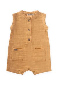 Mustard yellow romper made of soft, textured fabric featuring short sleeves, a round neckline, three buttons, and two front pockets.