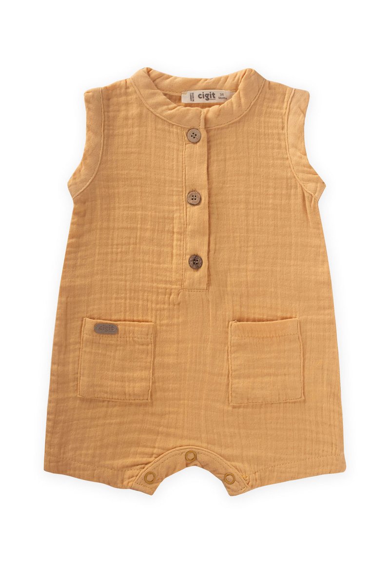 Mustard yellow romper made of soft, textured fabric featuring short sleeves, a round neckline, three buttons, and two front pockets.
