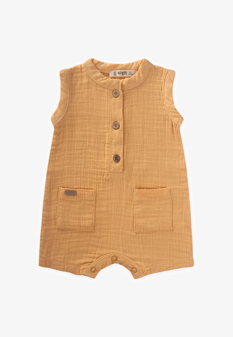 Mustard yellow romper made of soft, textured fabric featuring short sleeves, a round neckline, three buttons, and two front pockets.