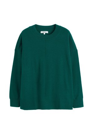 Groene gebreide trui met een ronde halslijn, losse pasvorm, verlaagde schouders en een centrale naaddetails. Zachte textuur en geribbelde zoom.